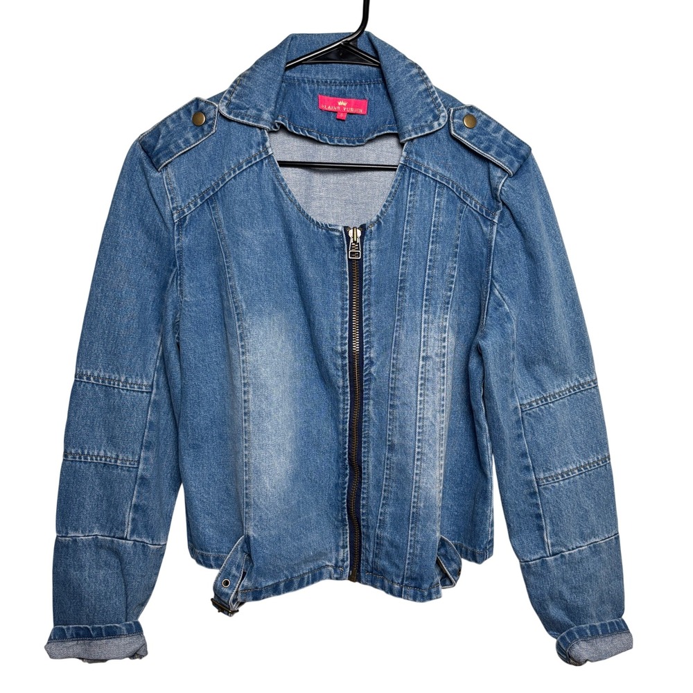 Elaine Turner Blue Full Zip Cropped Biker Denim Jeans Moto Jacket Womens Small